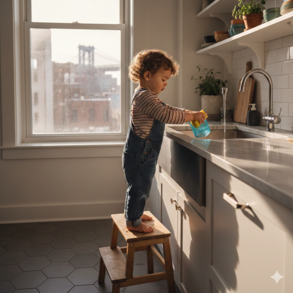 3-year-old child carefully washing a small plastic cup with a sponge