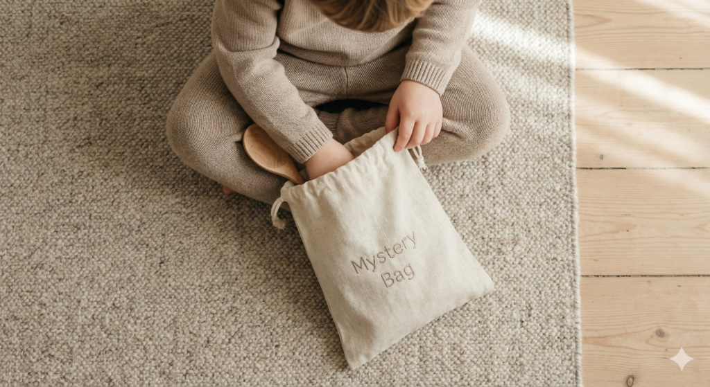 4-year-old toddler sitting reaching their hand into a simple cloth "Mystery Bag" to feel a hidden household