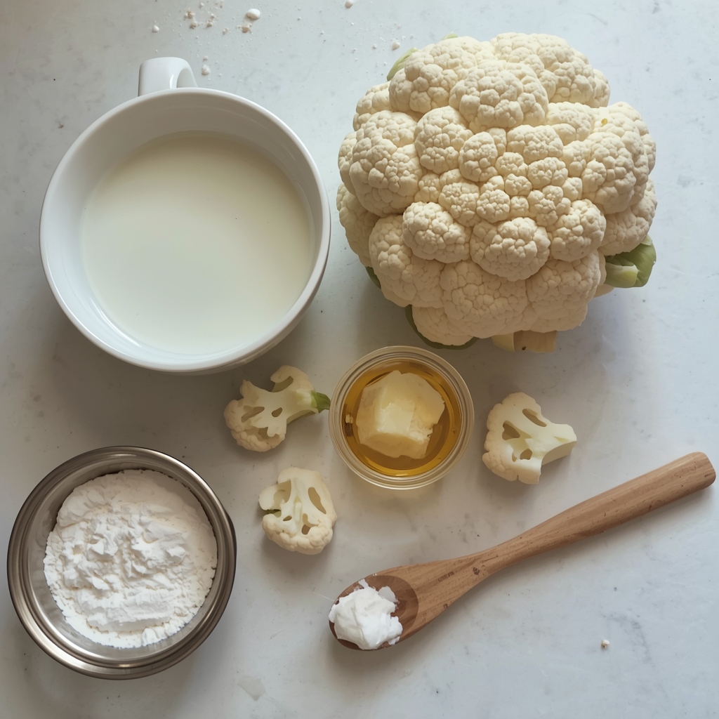 Cauliflower florets, milk, and ghee on a kitchen counter prepared for cooking.