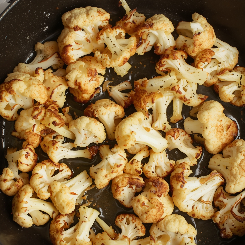 Cauliflower florets browning in a pan with ghee to create a roasted flavor.
