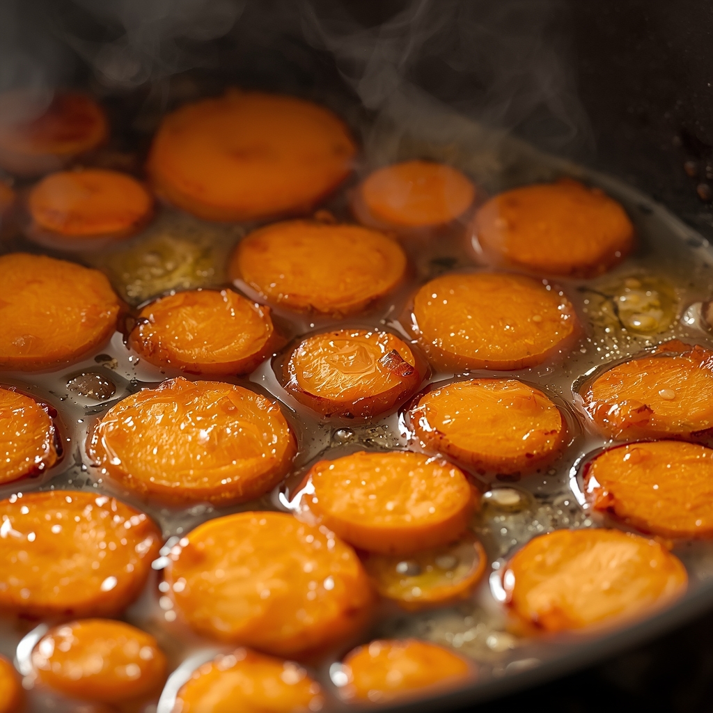 Carrot rounds browning in a pot with ghee, showing the searing process