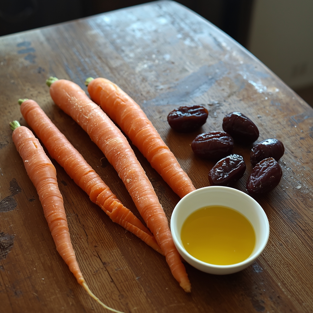 Sliced carrots, mashed dates, and ghee prepared for Gajar nu Shaak on a kitchen counter.