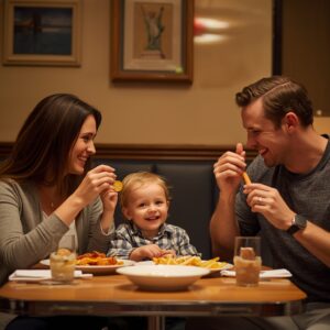 A family living in New York City sharing a meal of melting carrots together at their dining table.