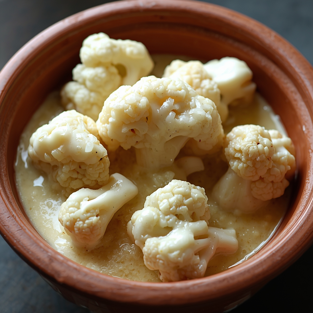 A bowl of soft cauliflower in a thick, creamy white gravy.